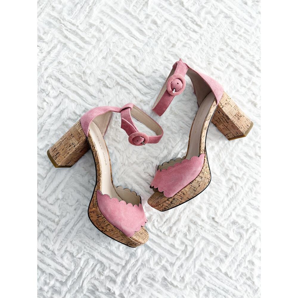 Pelle Moda Aneko Platform Sandals Pink Suede Scalloped Cork Heels Coquette Chic